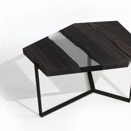 Crystal Peatwood Low Table with an polygonal shape, made of solid peatwood with a natural finish and featuring a transparent resin inlay, set against a white background.
