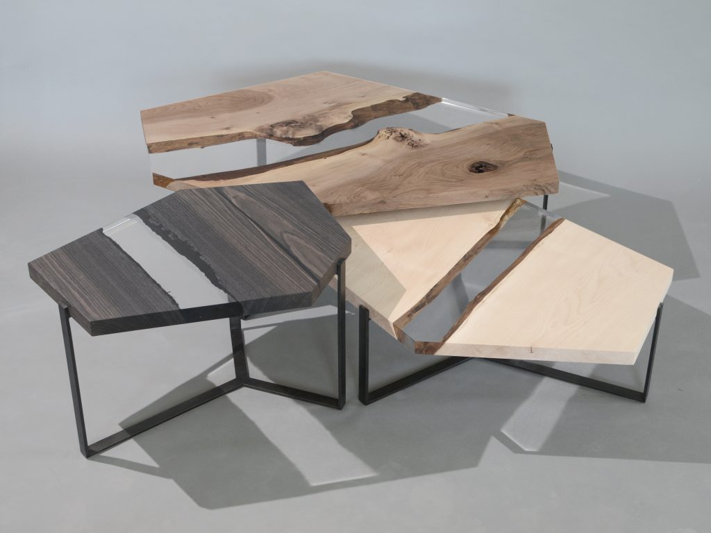 Crystal Wood Trio Low Tables featuring three tables with polygonal shapes, made of solid wood with natural finishes and transparent resin inlays, on a white background.
