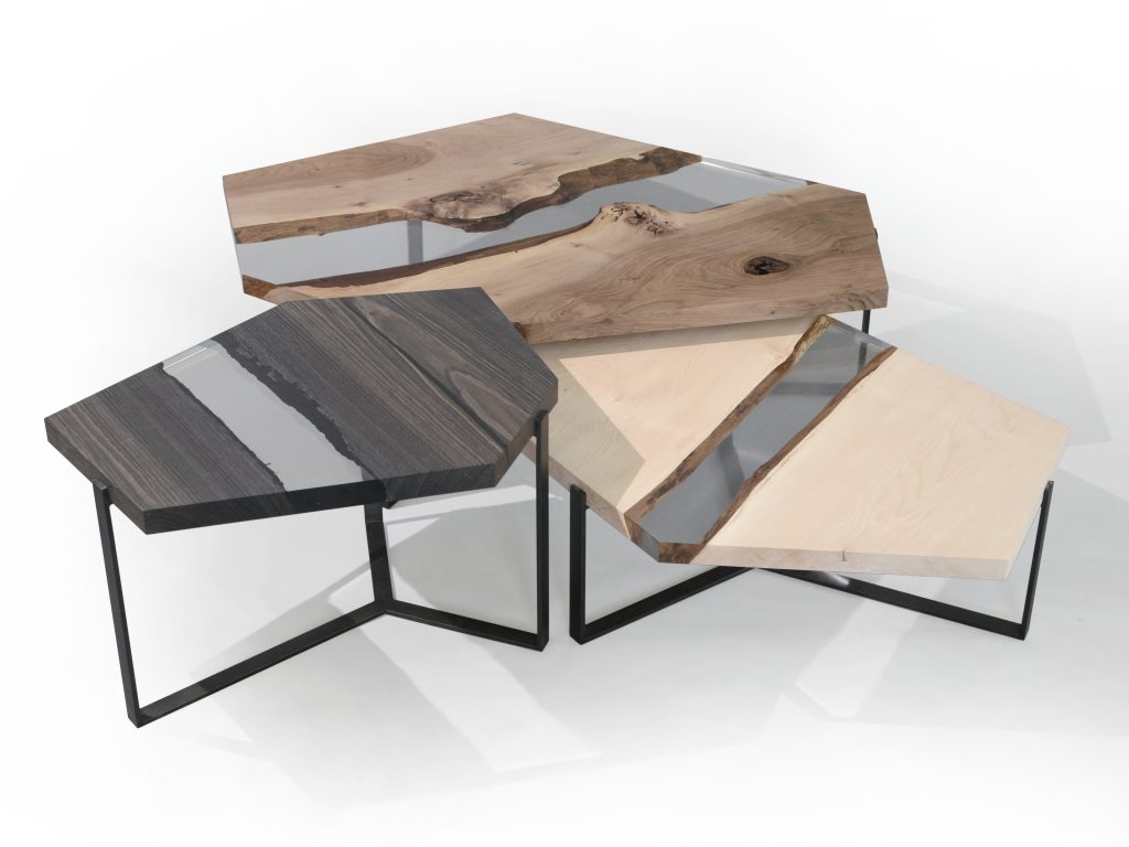 Crystal Wood Trio Low Tables featuring three tables with polygonal shapes, made of solid wood with natural finishes and transparent resin inlays, on a white background.