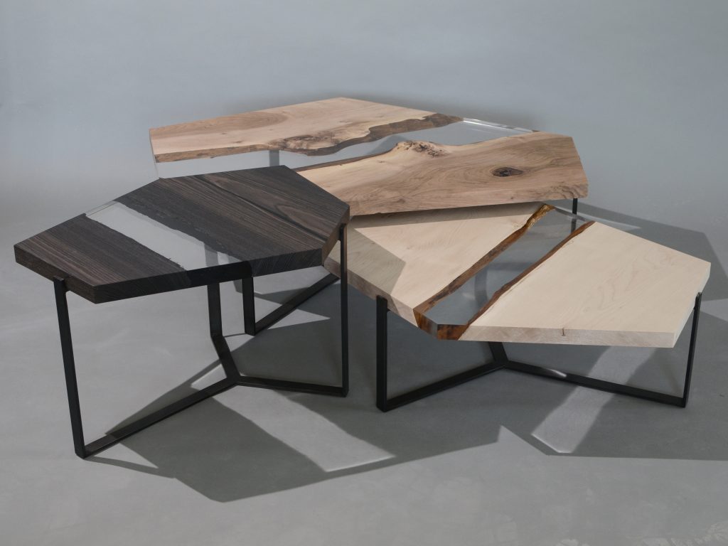 Crystal Wood Trio Low Tables featuring three tables with polygonal shapes, made of solid wood with natural finishes and transparent resin inlays, on a white background.