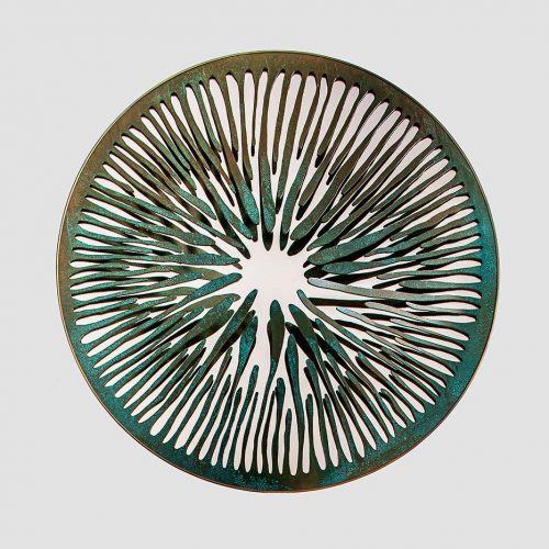 sculptural mirror made of aluminum, graphite brass, bronze, steel or iron in a green with brown tone