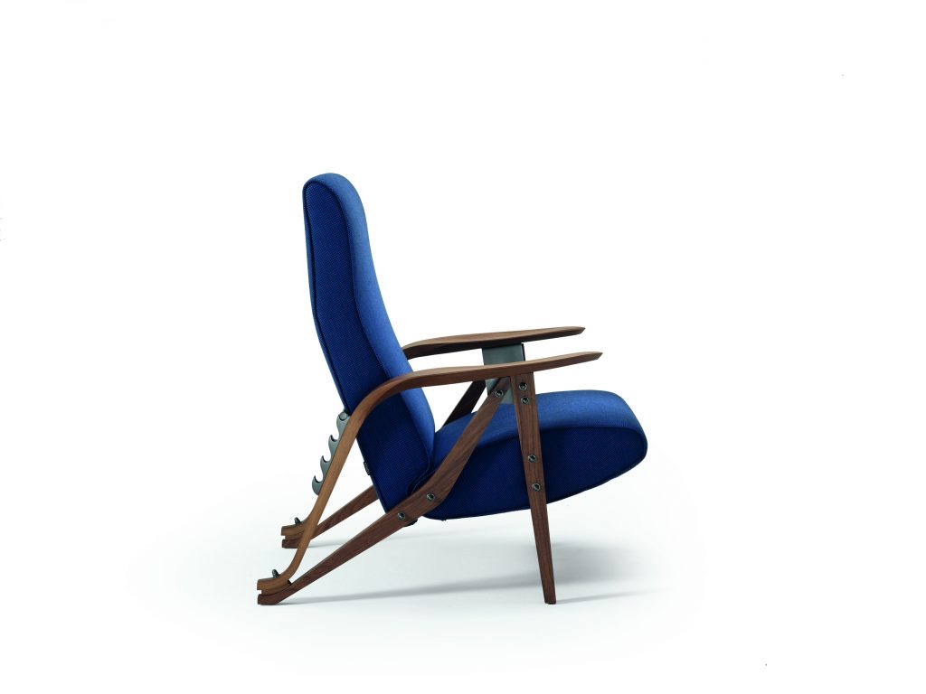 Gilda chair with a wooden frame and a blue upholstered seat and backrest on a white background.