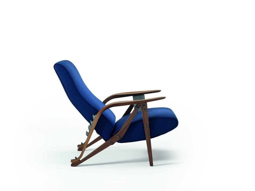 Gilda chair with a wooden frame and a blue upholstered seat and backrest on a white background.