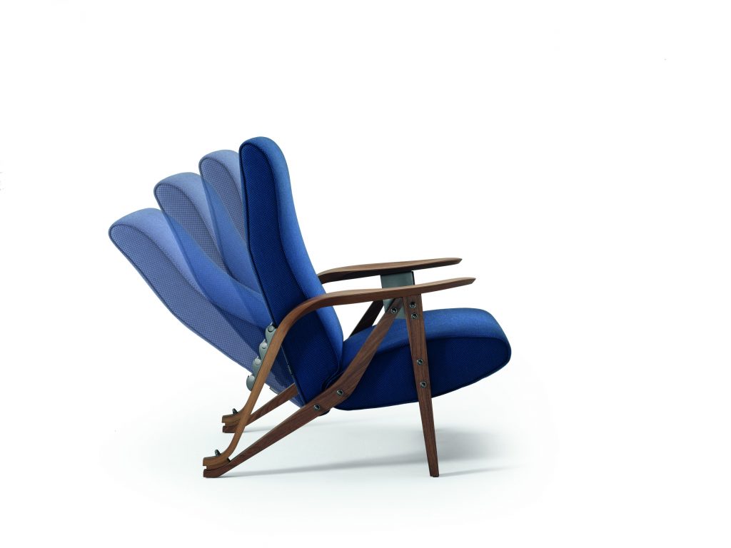 Gilda chair with a wooden frame and a blue upholstered seat and backrest on a white background.