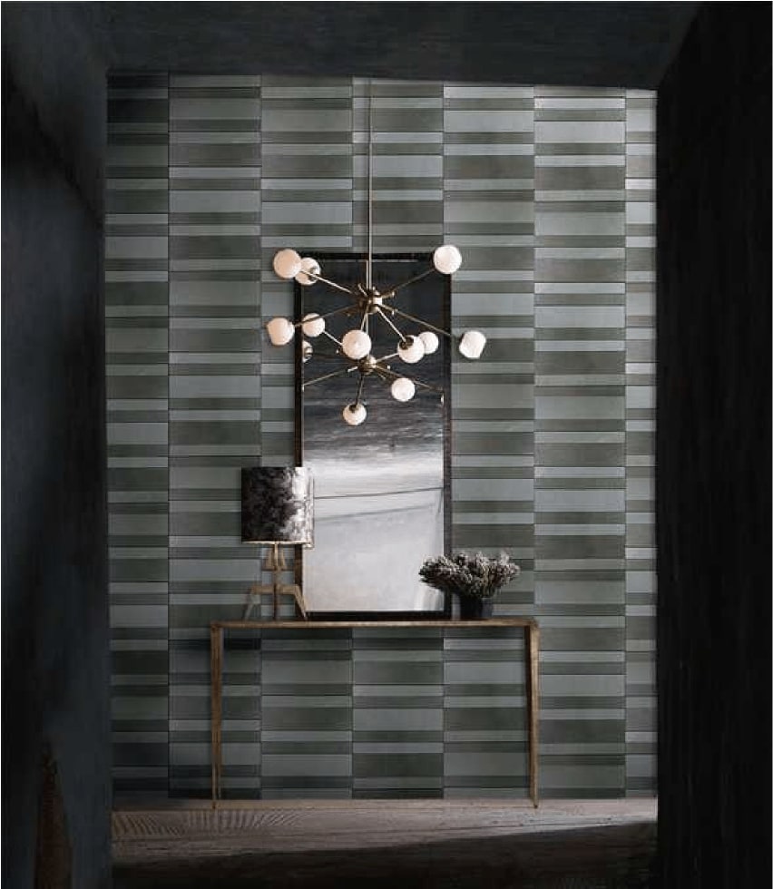 Code mosaic with rectangular patterns in black and gray, on a wall