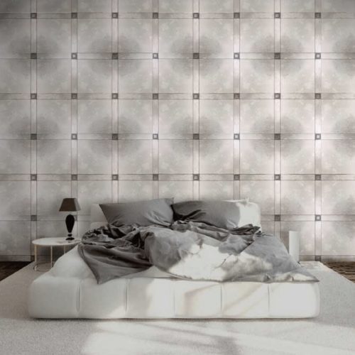 Just mosaic in gray with sqaure patterns on wall.