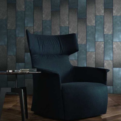 Rebel mosaic in brown and blue with rectangular patterns, on a wall.