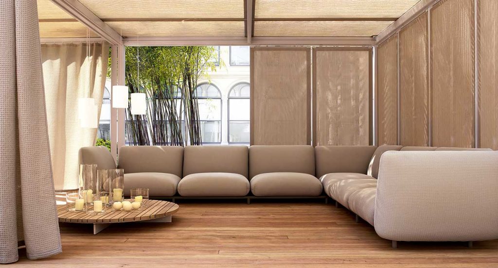 Brown Sunset Side Table, top in wood, structure in steel in a living room.