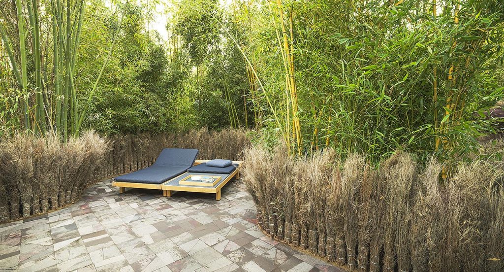 Toku Sun Bed with backrest adjustable, structure in natural wood color with four legs and blue polyester fabric cover in the countryside.