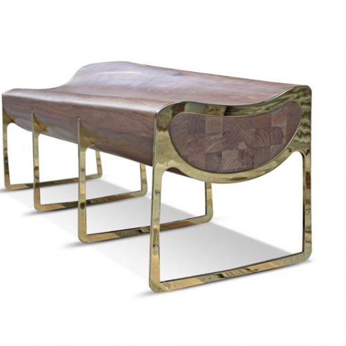 bench made of four gilt steel legs and brown carved wood tops on a white background