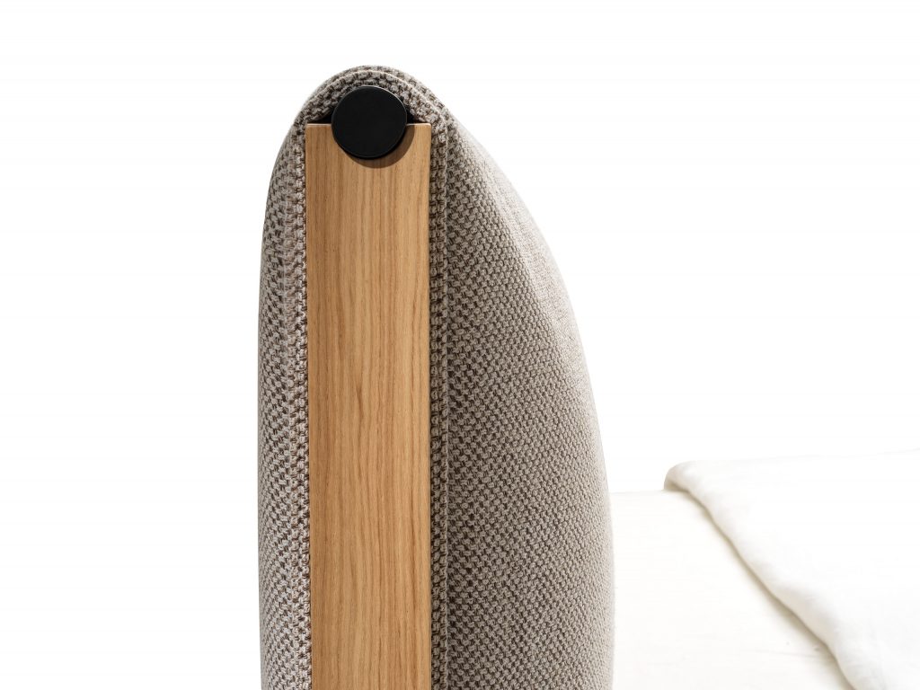 backrest made individually in oak wood and upholstered in polyurethane in a gray tone on a white background