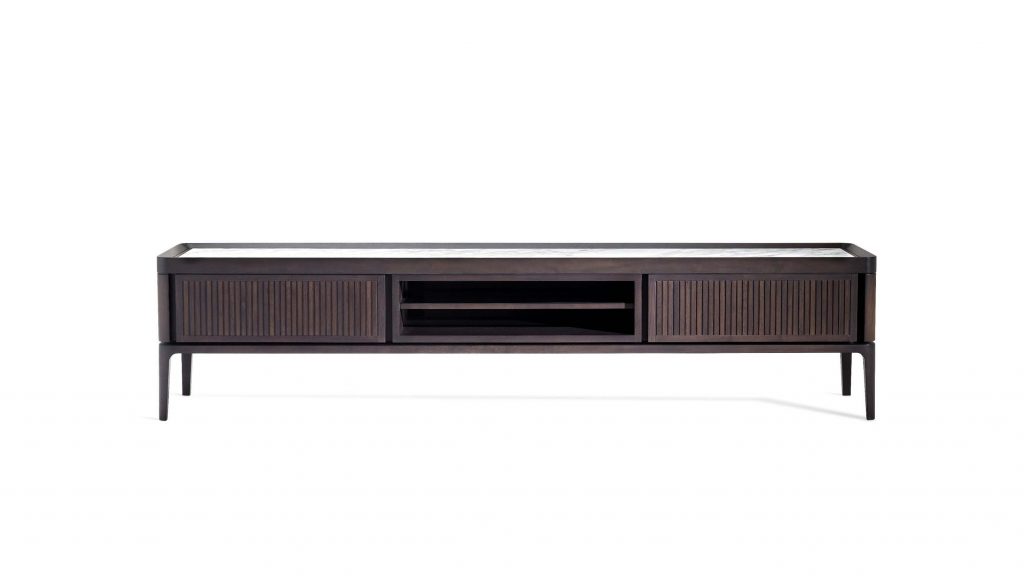 multimedia cabinet made of solid wood base and milled panels with mamrol top in a brown and white tone