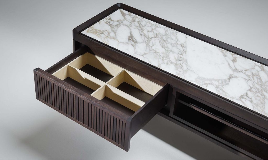 furniture made of brown wood and white marble tops with multimedia drawers for uses on a white background