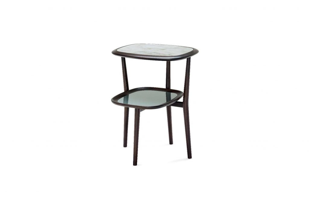 small two-level nightstand made of cirstal wood and marble base in a white and black tone