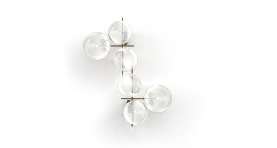 wall or ceiling lamp made of burnished brass base with six blown glass spheres in a golden tone on a white background