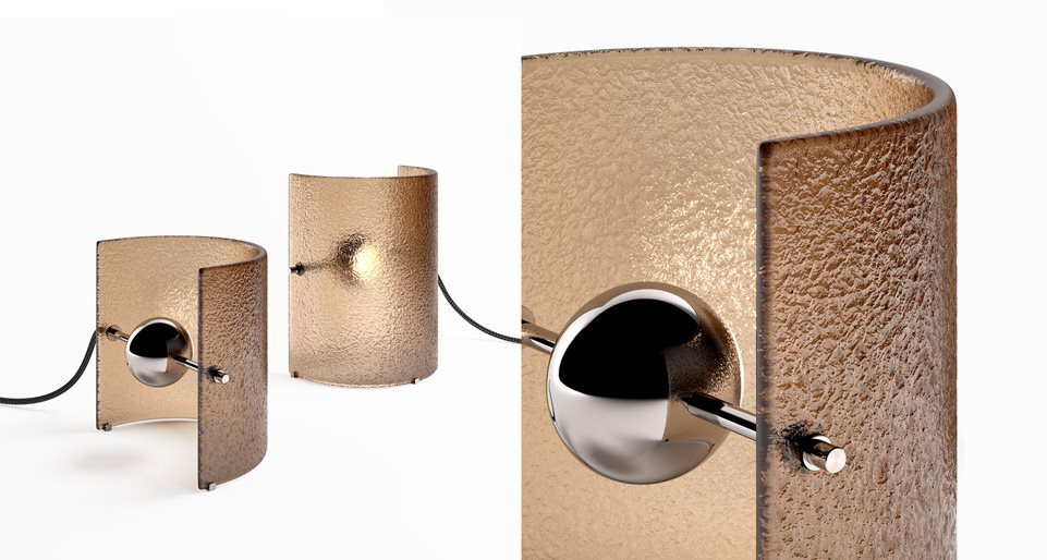 table lamp made of curved fused glass made on a black metal base in a golden tone on a white background