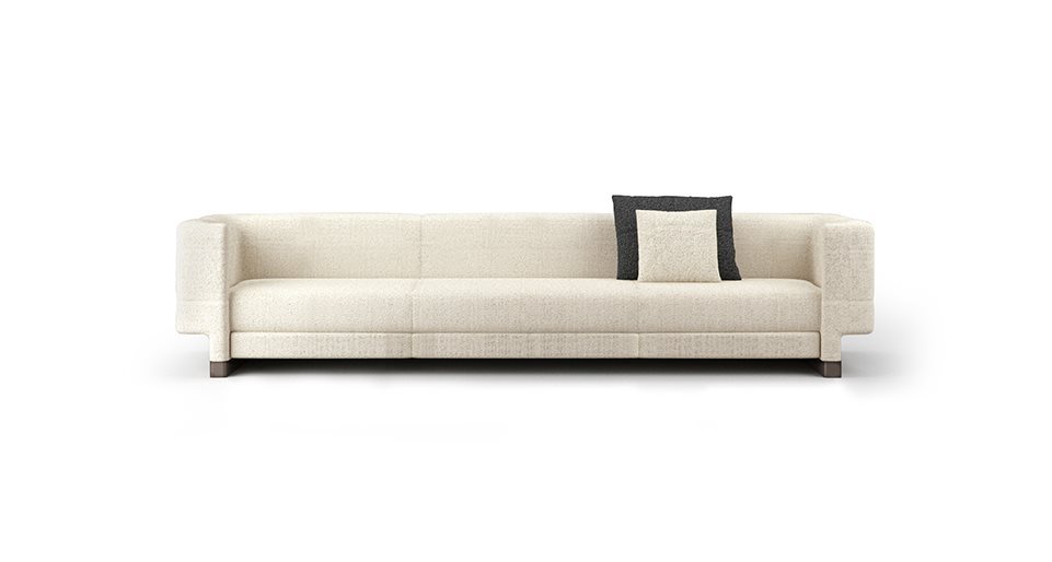 Sofa with internal wooden structure upholstered in fabric or leather of a white tone on a white background
