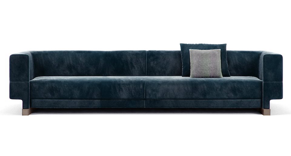 Sofa with internal wooden structure upholstered in fabric or leather of a blue tone on a white background