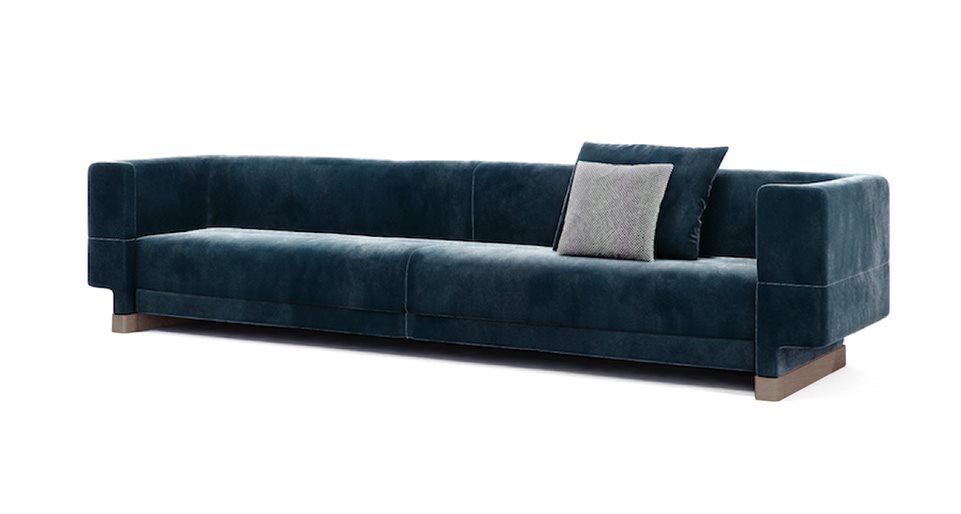 Sofa with internal wooden structure upholstered in fabric or leather of a blue tone on a white background