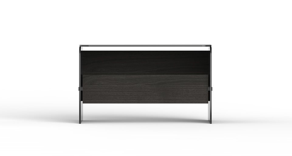 nightstand made with a drawer structure in lacquered ash, top and sides in smoked glass in a powder gray tone