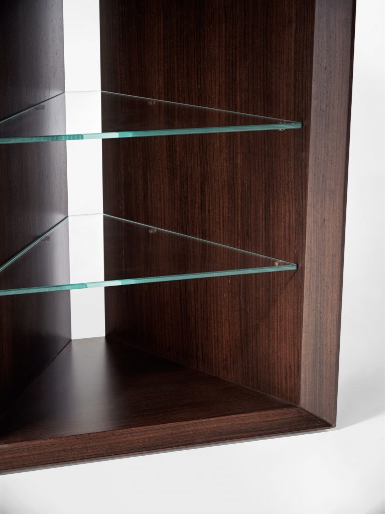 desk made of refined wood with transparent glass shelves on a white background