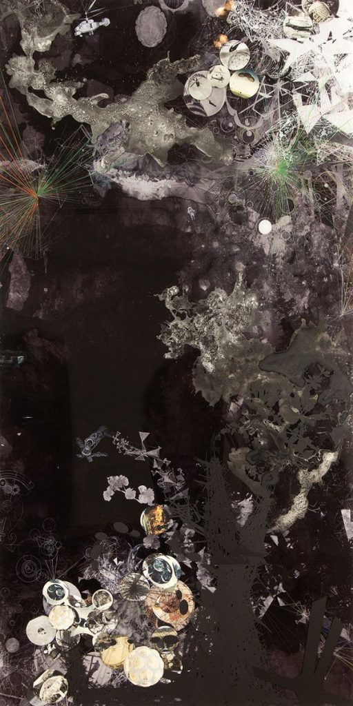 Acrylic, silkscreen, colored pencil and inkjet on plexiglass in black, white and gray color tones