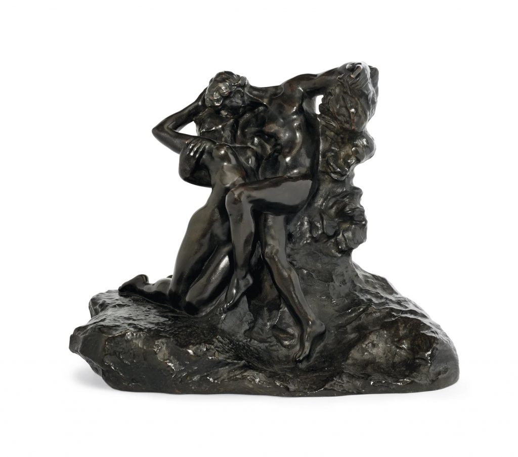 sculpture made of bronze with green patina with a design of human sculptures on a white background