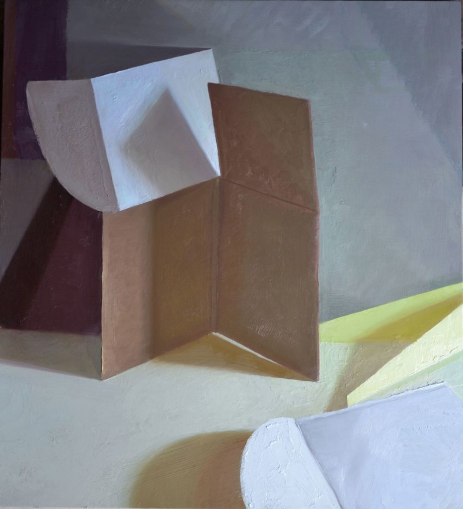 Oil on panel in brown, white, gray and yellow tones
