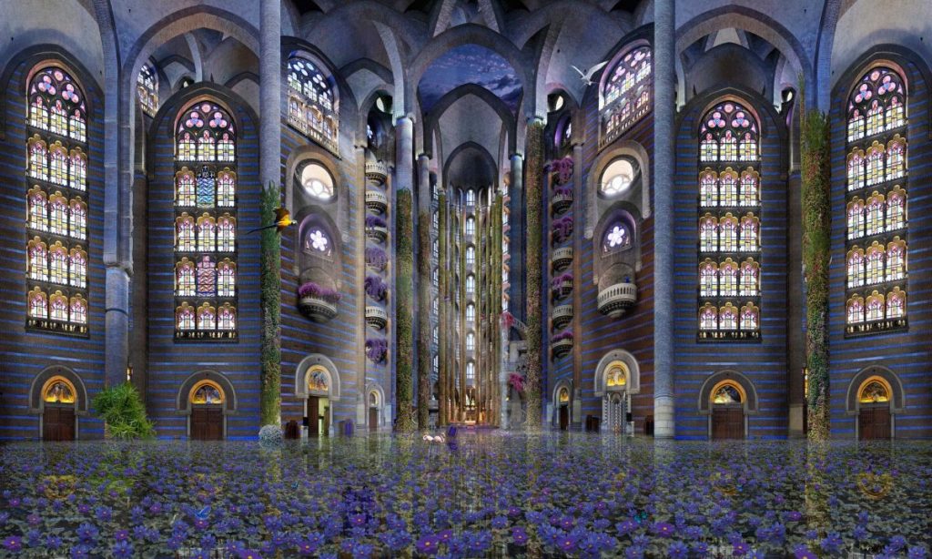 C print mounted on aluminum in a futuristic house design in shades of purple with blue