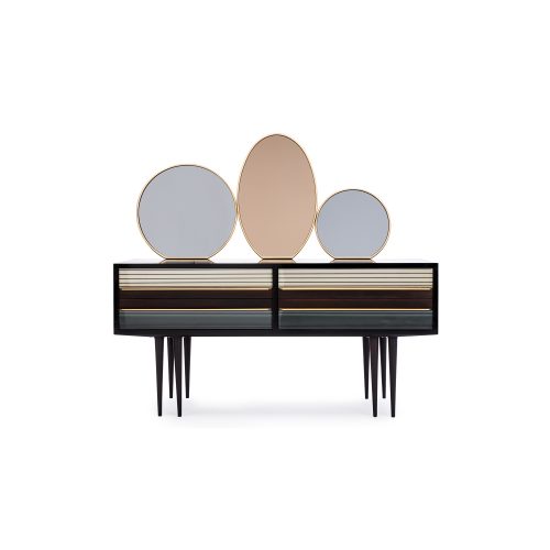 furniture made of a wooden base in a brown and white blue tone with three glass panels of different sizes