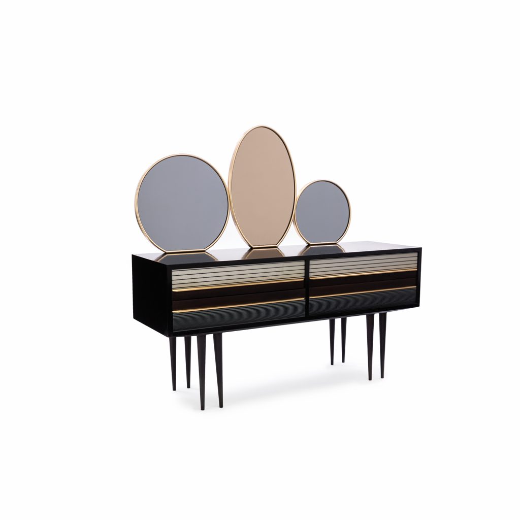 furniture made of a wooden base in a brown and white blue tone with three glass panels of different sizes on a white background