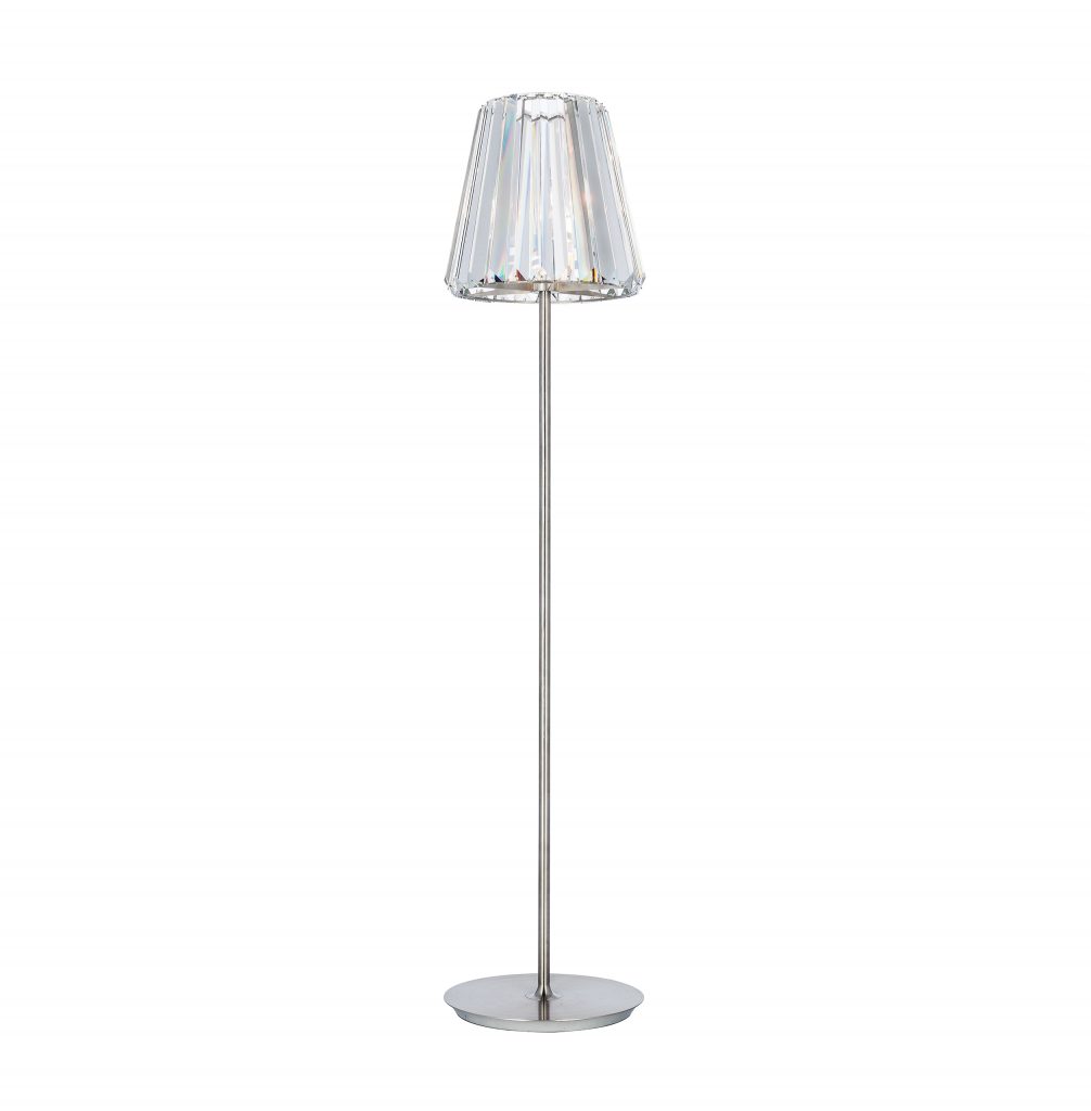 floor lamp made of steel base in a gray tone with head made of bohemian ed glass base in a litmus color tone