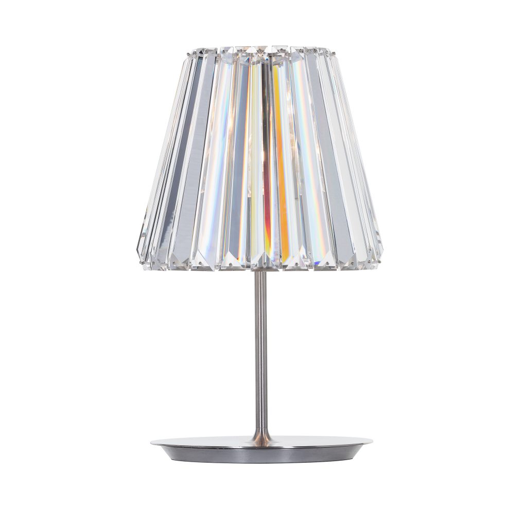 table lamp made of bohemian crystal base and steel base base in a tone of iridescent color on a white background