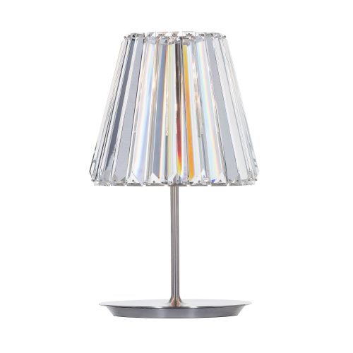 table lamp made of bohemian crystal base and steel base base in a tone of iridescent color on a white background
