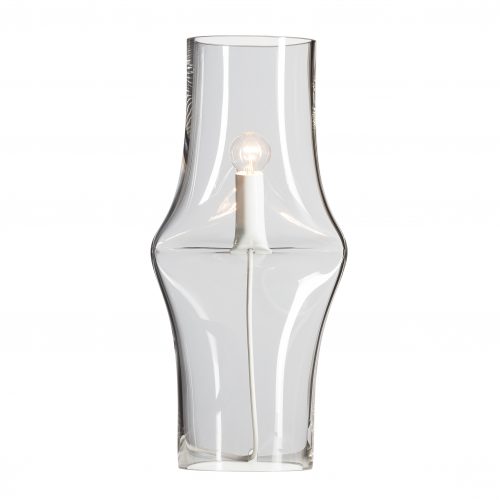 lamp made from blown glass molded in a singular shape on a white background