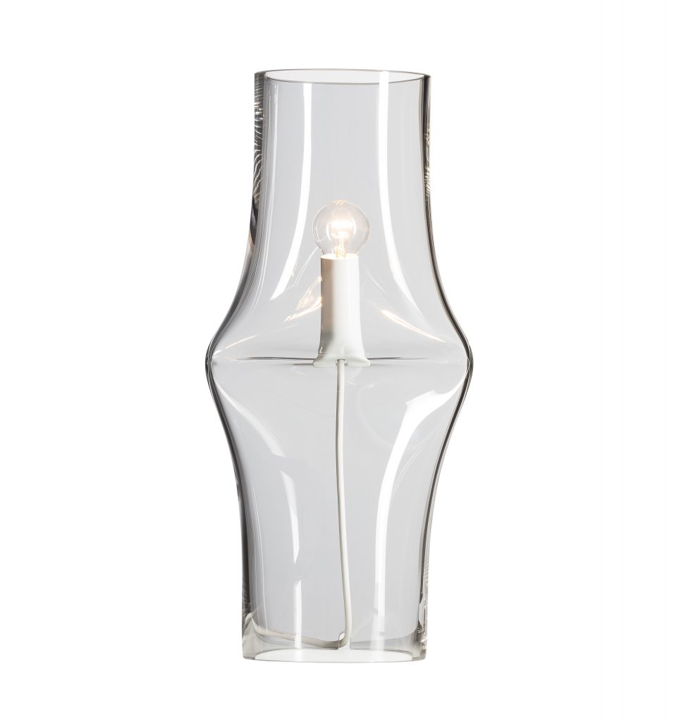 lamp made from blown glass molded in a singular shape on a white background