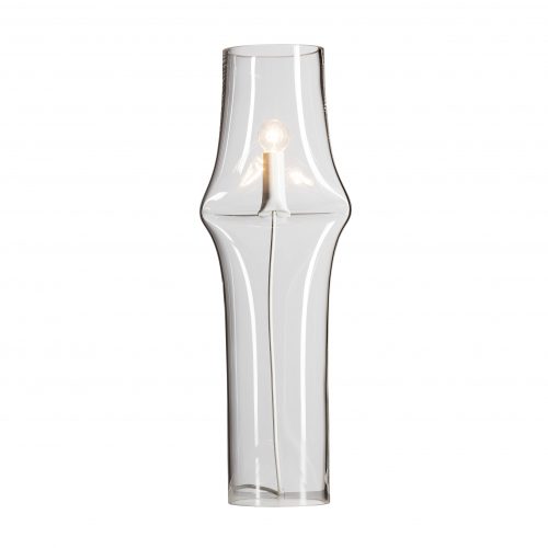 large lamp made from blown glass molded in a singular shape on a white background