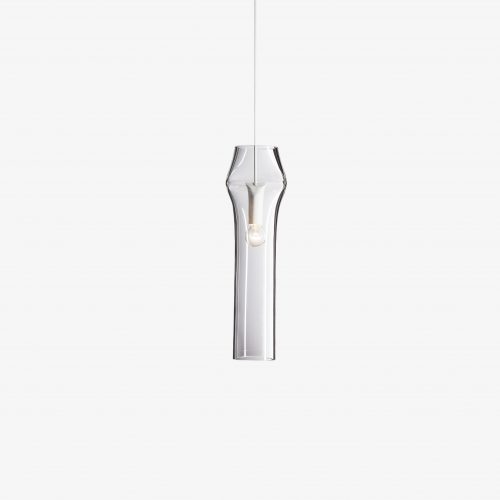 Unique shaped lamp made of bohemian glass base with steel base on a white background