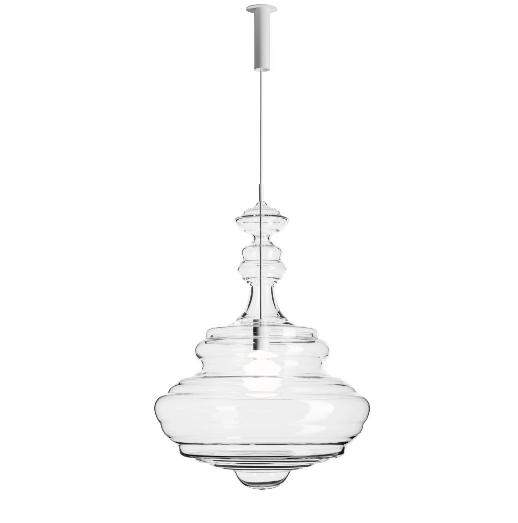 large chandelier lamp rotating on its own axis made from blown bohemian glass on a white background