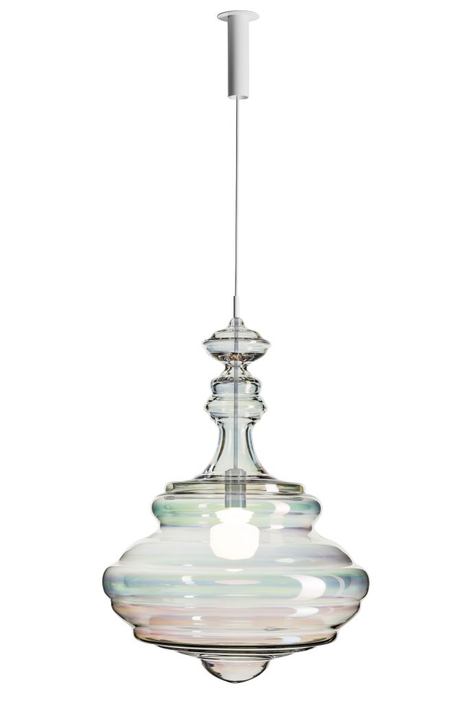 large chandelier lamp rotating on its own axis made from blown bohemian glass on a white background
