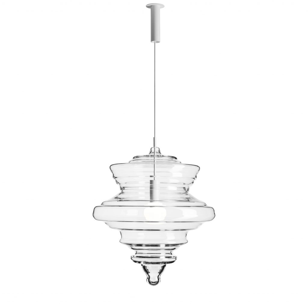 large ceiling lamp made from blown glass in a transparent color tone on a white background