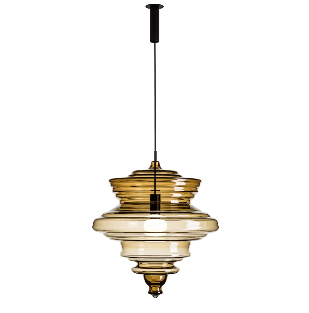 large ceiling lamp made from blown glass in a coffe and trasparent color tone on a white background