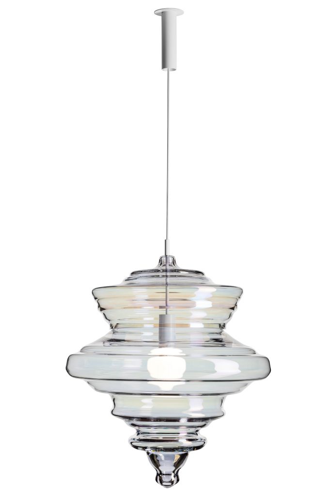 large ceiling lamp made from blown glass in a transparent color tone on a white background