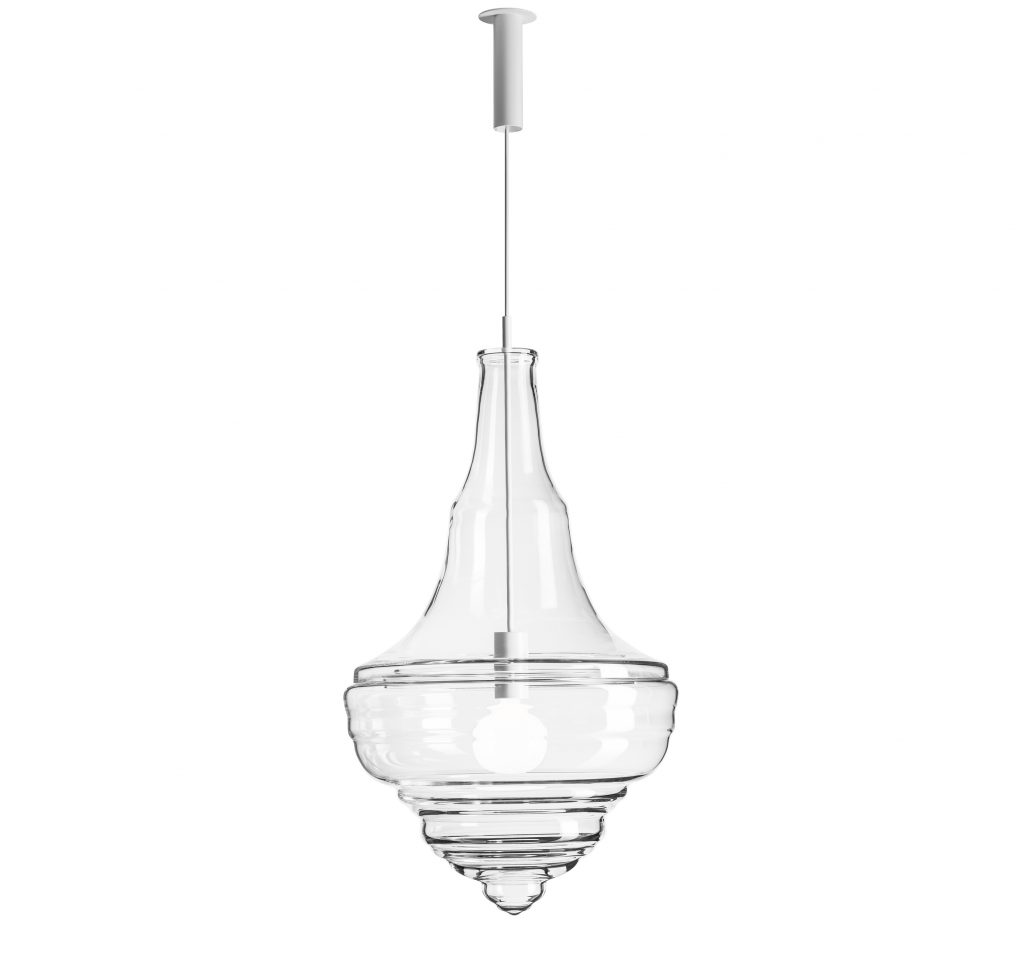 Large lamp made from blown glass molded in the shape of a drop on a white background