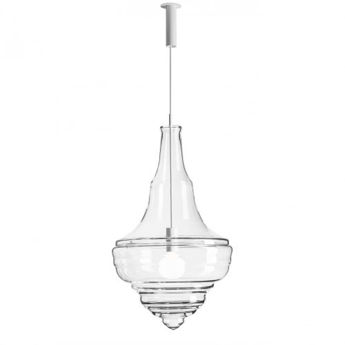 Large lamp made from blown glass molded in the shape of a drop on a white background