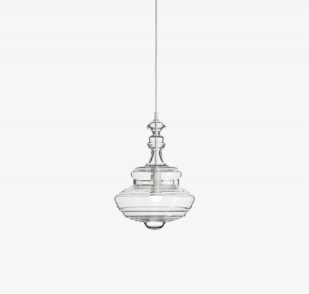 chandelier lamps rotating on their own axis made from blown bohemian glass on a white background