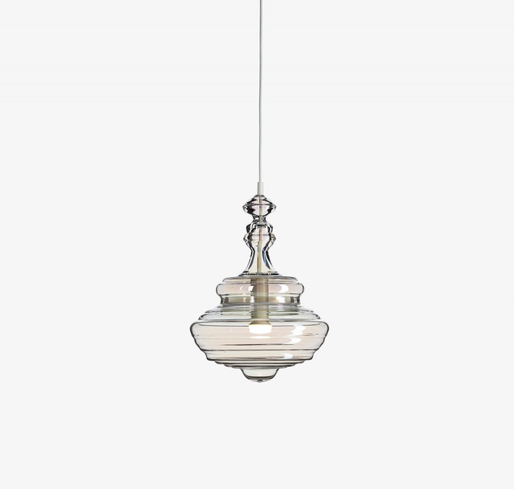 chandelier lamps rotating on their own axis made from blown bohemian glass on a white background