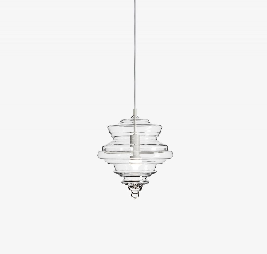 small ceiling lamp made from blown glass in a transparent color tone on a white background