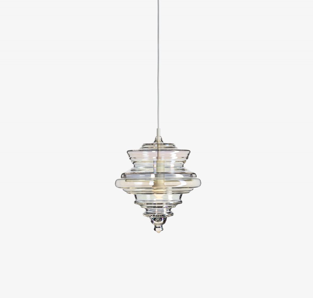 small ceiling lamp made from blown glass in a transparent color tone on a white background