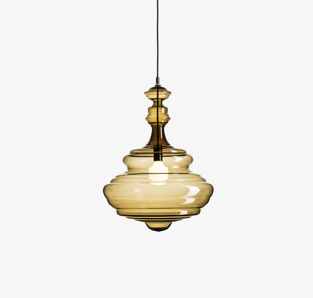medium chandelier lamp rotating on its own axis made of bohemian glass base in a blown brown tone on a white background